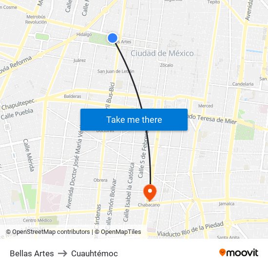 Bellas Artes to Cuauhtémoc map