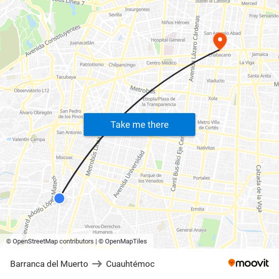 Barranca del Muerto to Cuauhtémoc map