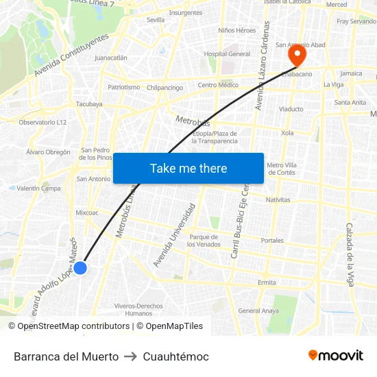 Barranca del Muerto to Cuauhtémoc map