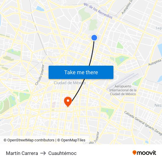 Martín Carrera to Cuauhtémoc map