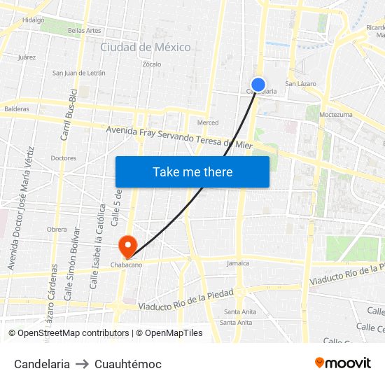 Candelaria to Cuauhtémoc map