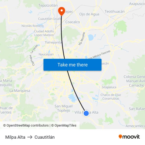 Milpa Alta to Cuautitlán map