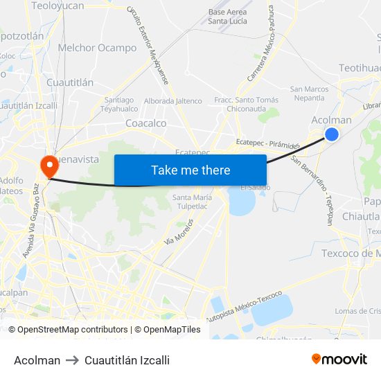 Acolman to Cuautitlán Izcalli map