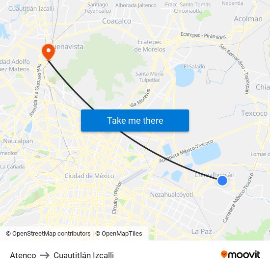 Atenco to Cuautitlán Izcalli map