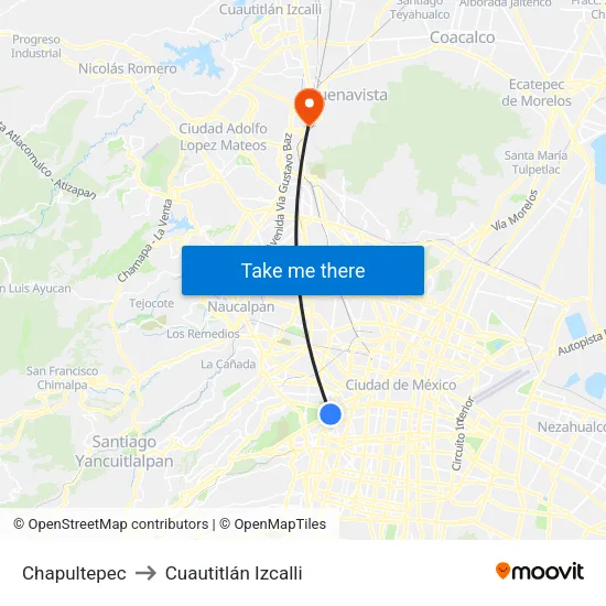 Chapultepec to Cuautitlán Izcalli map