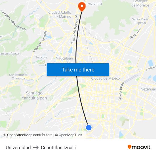 Universidad to Cuautitlán Izcalli map