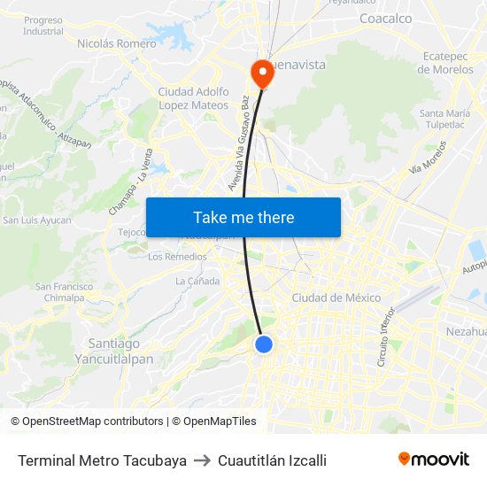 Terminal Metro Tacubaya to Cuautitlán Izcalli map