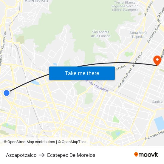 Azcapotzalco to Ecatepec De Morelos map