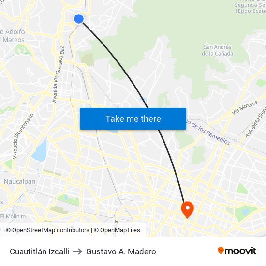Cuautitlán Izcalli to Gustavo A. Madero map