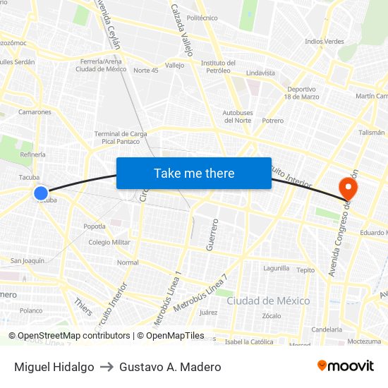 Miguel Hidalgo to Gustavo A. Madero map