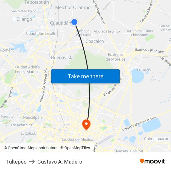 Tultepec to Gustavo A. Madero map