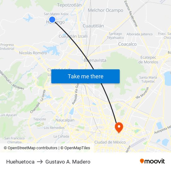 Huehuetoca to Gustavo A. Madero map