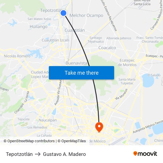 Tepotzotlán to Gustavo A. Madero map