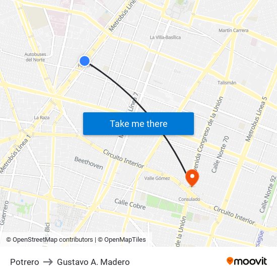 Potrero to Gustavo A. Madero map