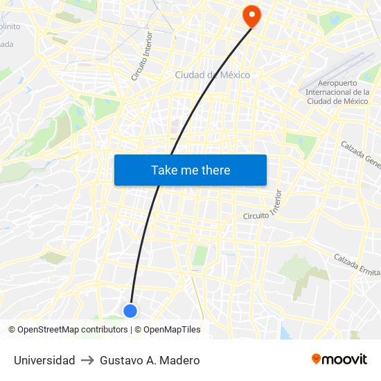 Universidad to Gustavo A. Madero map