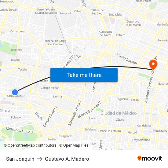 San Joaquín to Gustavo A. Madero map