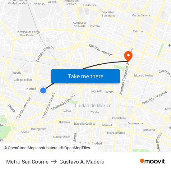 Metro San Cosme to Gustavo A. Madero map