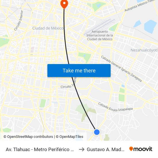 Av. Tlahuac - Metro Periférico Ote. to Gustavo A. Madero map
