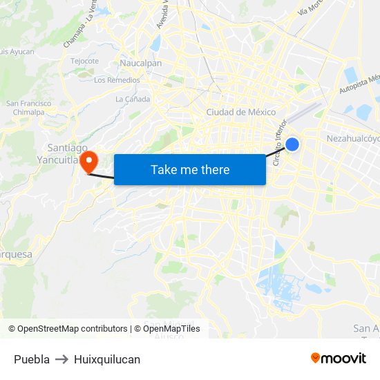 Puebla to Huixquilucan map