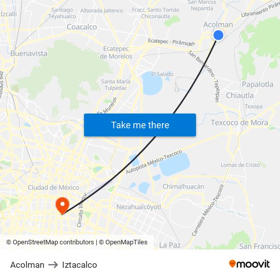 Acolman to Iztacalco map