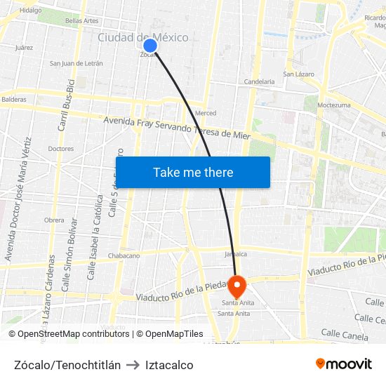 Zócalo/Tenochtitlán to Iztacalco map