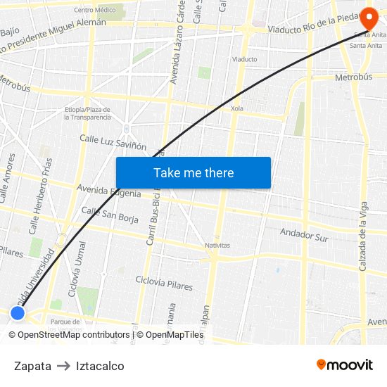 Zapata to Iztacalco map