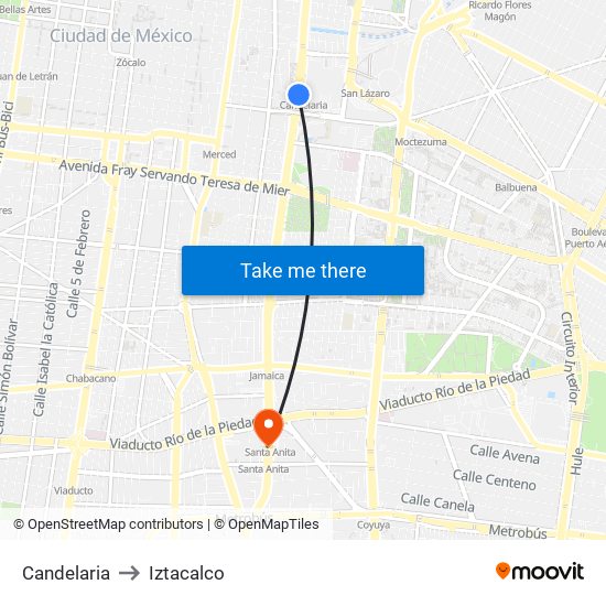 Candelaria to Iztacalco map