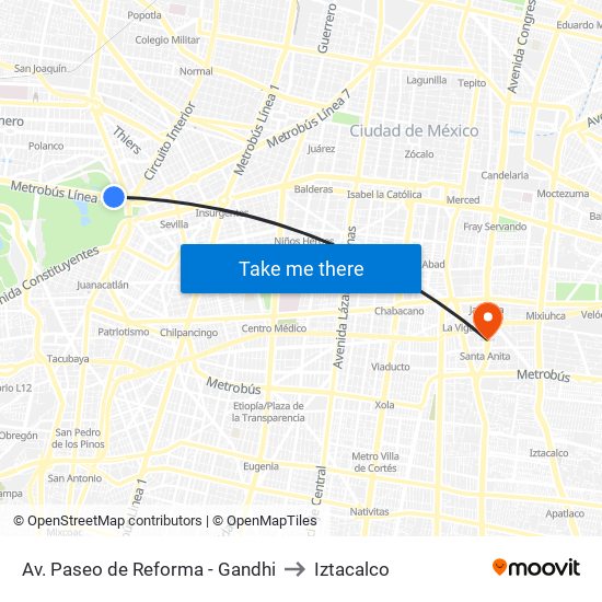 Av. Paseo de Reforma - Gandhi to Iztacalco map