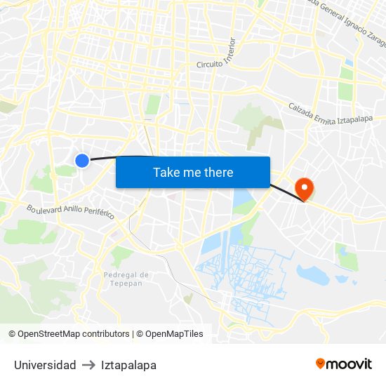 Universidad to Iztapalapa map