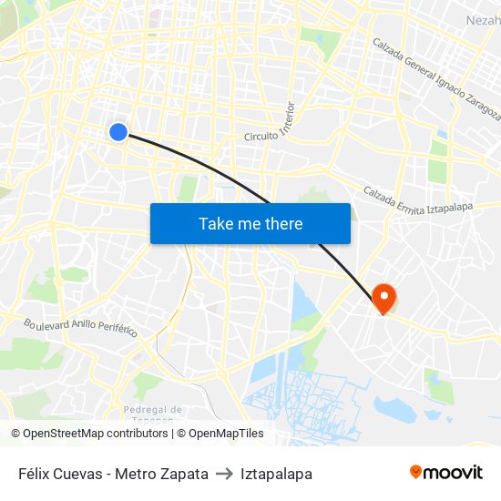Félix Cuevas - Metro Zapata to Iztapalapa map