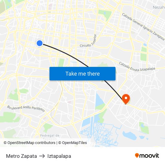 Metro Zapata to Iztapalapa map