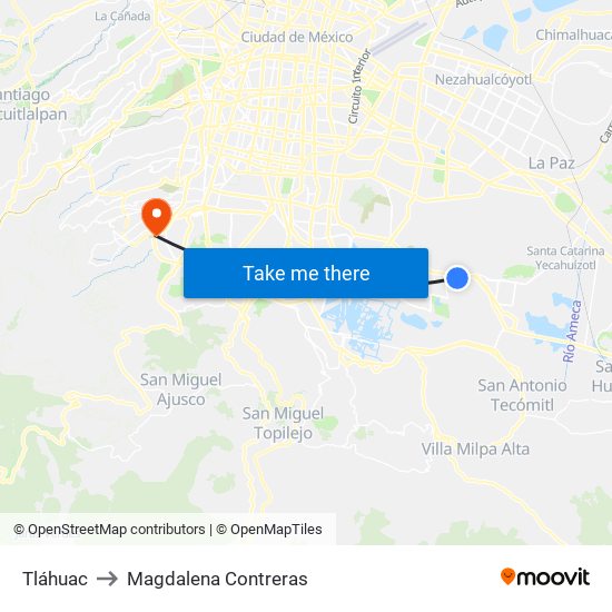 Tláhuac to Magdalena Contreras map