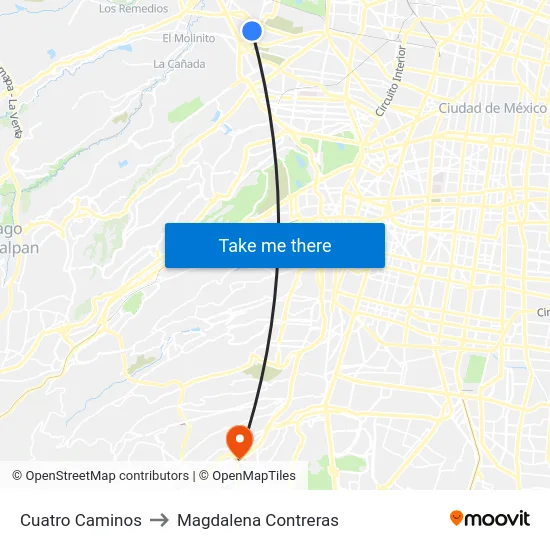 Cuatro Caminos to Magdalena Contreras map