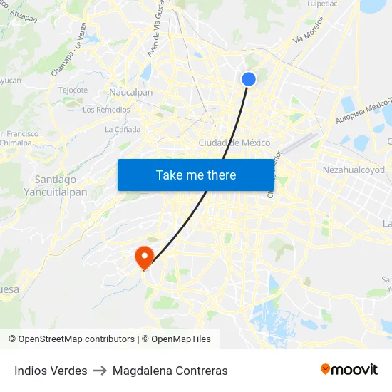 Indios Verdes to Magdalena Contreras map