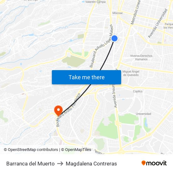 Barranca del Muerto to Magdalena Contreras map
