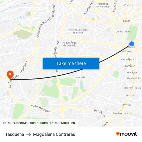 Tasqueña to Magdalena Contreras map