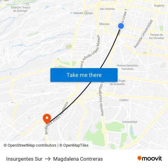 Insurgentes Sur to Magdalena Contreras map