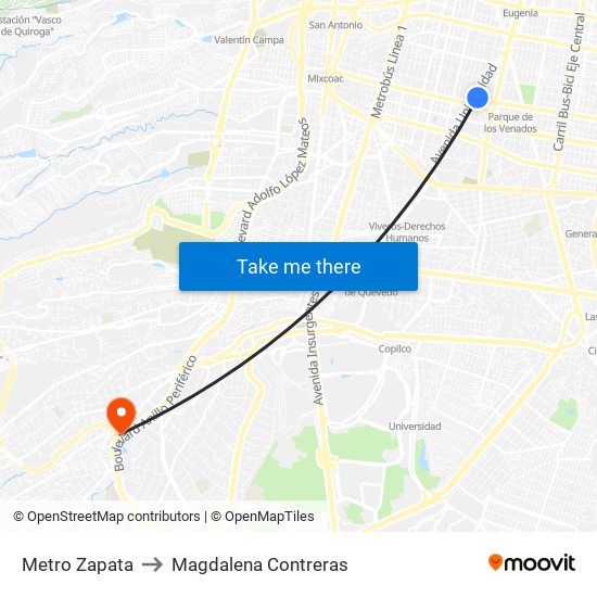 Metro Zapata to Magdalena Contreras map