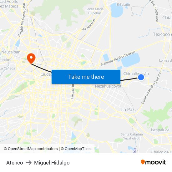 Atenco to Miguel Hidalgo map