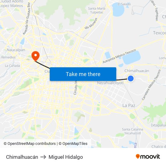 Chimalhuacán to Miguel Hidalgo map