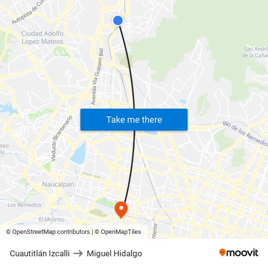 Cuautitlán Izcalli to Miguel Hidalgo map