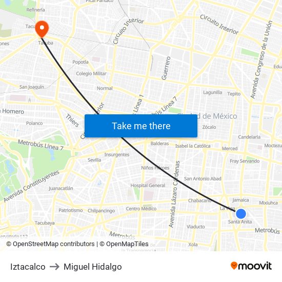 Iztacalco to Miguel Hidalgo map