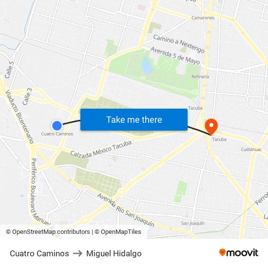 Cuatro Caminos to Miguel Hidalgo map