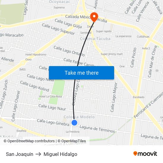 San Joaquín to Miguel Hidalgo map