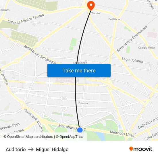 Auditorio to Miguel Hidalgo map