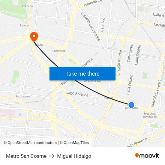 Metro San Cosme to Miguel Hidalgo map