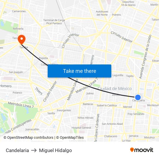Candelaria to Miguel Hidalgo map