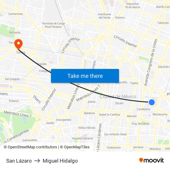 San Lázaro to Miguel Hidalgo map