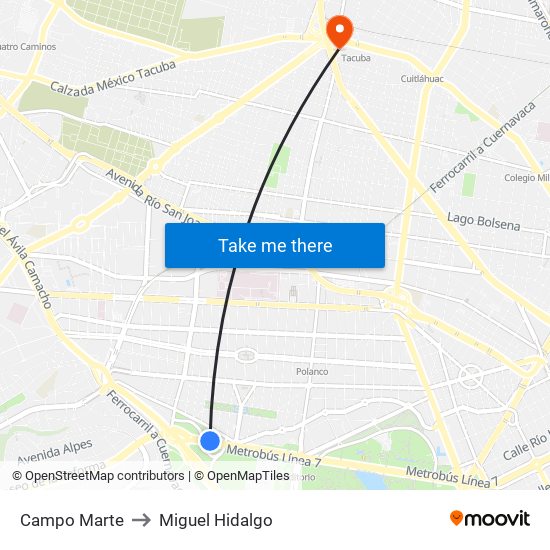 Campo Marte to Miguel Hidalgo map