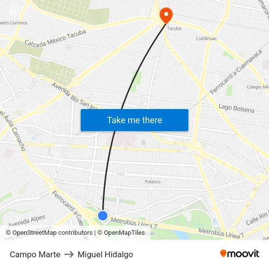 Campo Marte to Miguel Hidalgo map